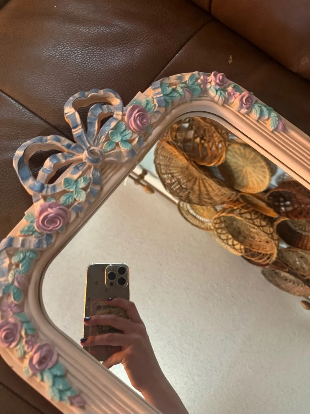 Vintage Pastel Pink Floral Bow Accent Wall Mirror